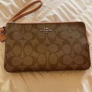 Coach Double Zip Wristlet. Tan/ peach